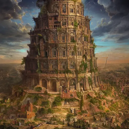01221-3012319996-A realistic photo of the Babel tower, 4k, detailed, trending in artstation, fantasy vivid colors, photorealism, professional his.webp